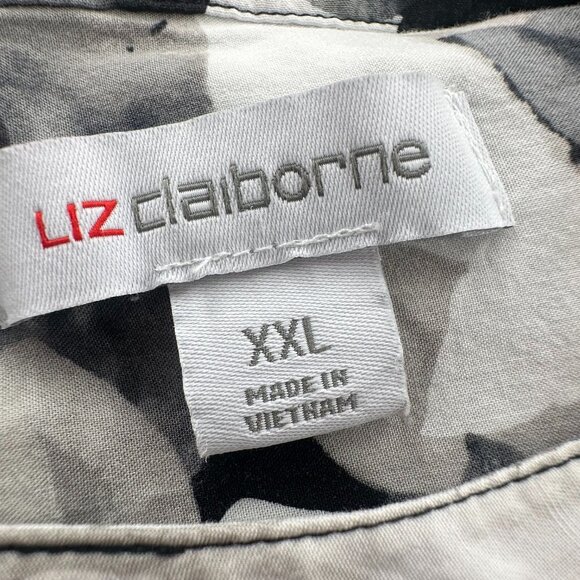 Liz Claiborne Floral‎ Blouse 3/4th Sleeves Black White Gray Round Neck XXL Rayon - Picture 2 of 11